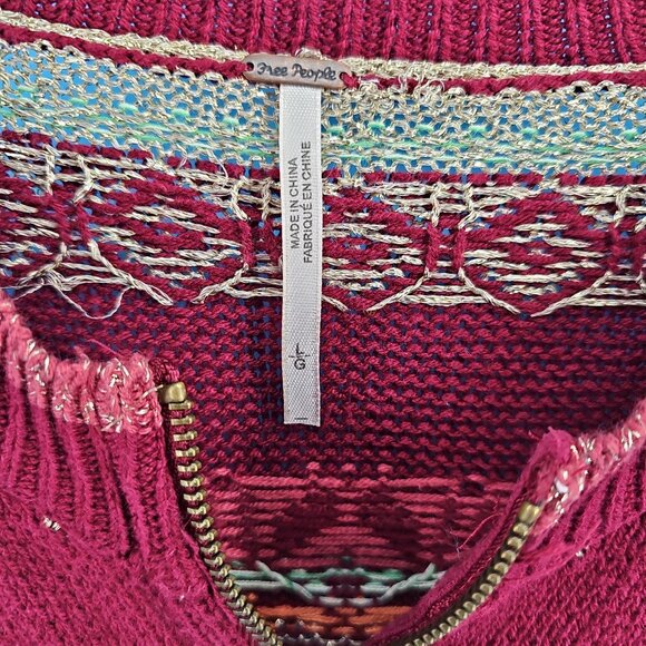 ✨ Free People Metallic Fair Isle Tunic Sweater – Size L (Burgundy Multi) - Picture 3 of 10
